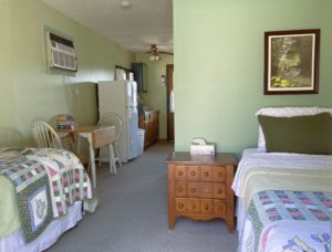 two twin beds in green room